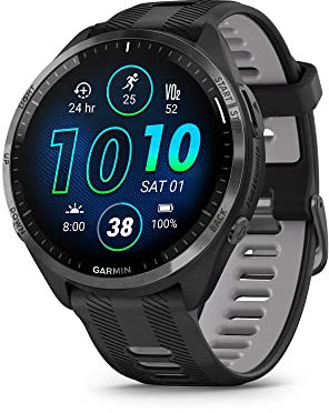 Garmin Forerunner® 965 Lauf-Smartwatch, buntes AMOLED-Display, Trainingsmessungen und Wiederherstellungsinformationen, Schwarz/Pudergrau, 010-02809-00