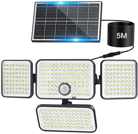 Realky Solarlampen für Außen mit Bewegungsmelder,Solarleuchte mit 288LED Solar Strahler IP65 Wasserdichte Aussenleuchte mit 5m Kabel für Garage, Carport, Garten, Terrasse, Haustür, Veranda,Straßen