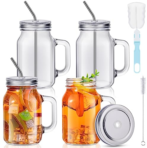 Jinei 4 Sets 20 oz Mason Jar Cups Glass Mason Jars with Lids and Straws Glass Tumbler with Handle Wide Mouth Drinking Jars Reusable Mason Jar Mugs with Brush for Cold Drinks Smoothie Tea Iced Coffee