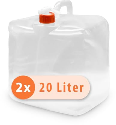 Pluvia® Wasserkanister 20L Trinkwasser Set (2x20L) faltbar - Blackout Notfallausrüstung - Notfall Ausrüstung - Kanister inkl. Verschluss & Wasserhahn, durchsichtig