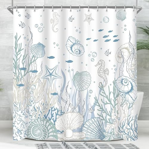 Lerores Duschvorhang 120x200cm Meeresboden, Antischimmel Textil, Beschwerter Saum Wasserabweisend, Waschbar Polyester Stoff Badevorhänge mit Ösen und 8 Duschvorhangringe für Badezimmer, Badewanne
