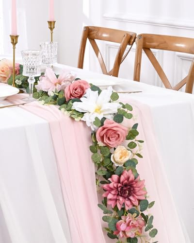 Waipfaru Flower Garland Decorations, 6.07Ft Pink Floral Rose Garland, Artificial Eucalyptus Greenery Vines with Flowers for Wedding Table Runner Centerpieces Backdrop Room Decor (Pink)