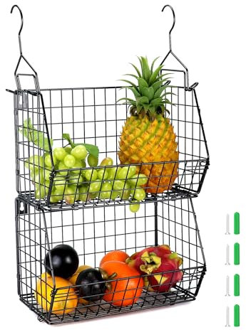 QWORK® 2 niveaux panier de rangement suspendu, panier legumes cuisine, étagères de rangement pliables et empilables, pour la cuisine, la garde-robe et l'organisation de la maison