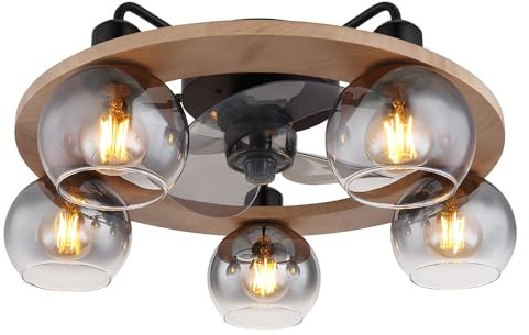 Deckenventilator mit Fernbedienung Deckenleuchte Holz Ventilator Ventilatorlampe Retro Rauchglas, Metall Glas, 5x E27, DxH 55x21,5 cm