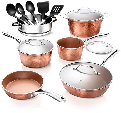 Gotham Steel Hammered 15 Pc Ceramic Cookware Set Nonstick, Deep Copper Pots and Pans Set Non Stick with Induction Cookware, Cooking Utensils & Steamer, Non Toxic PFOA PFOS Free, Oven & Dishwasher Safe