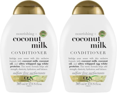 OGX Coconut Milk Conditioner, feuchtigkeitsspendende Haarspülung mit Rizinusöl & Kokosöl, Haarpflege für geschmeidiges & glänzendes Haar mit LipiPro Shield Technologie (385 ml) (Packung mit 2)