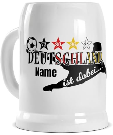 Tassendruck Bierkrug mit Name personalisiert - Name ist dabei! - Deutschland-Krug EM 2024 - Geschenk für Biertrinker, Bier Geschenke, Fußball Geschenke | Fotogeschenk, 500 ml, Keramik Weiß