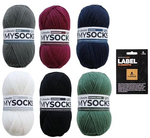 myboshi Unisocks Wollpaket, mysocks Uni Sockenwolle in 6 Farben, Label, 6 Knäuel x 100g, Lauflänge 420m, zum Stricken, Häkeln, Unifarben, 6 Knäuel