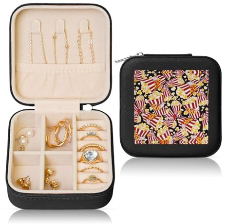 Portagioie quadrato portatile in pelle con stampa popcorn - Contenitore per anelli, orecchini, collane e braccialetti con custodia con cerniera