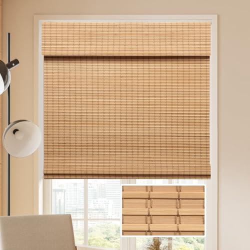 LUCKUP Cordless Bamboo Roman Blinds Shades for Indoor Windows-Blackout Room Darkening Roman Blinds with 6 Valance Cover Enhanced Privacy, 28 W x 64 H