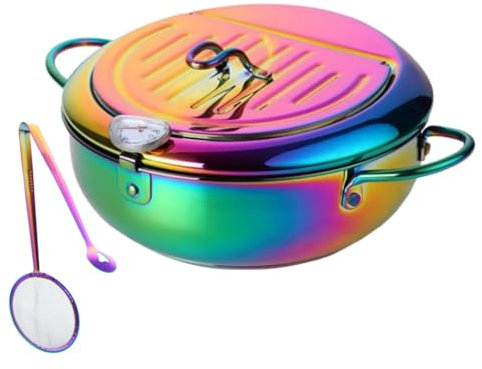 Stainless Steel Deep Fryer for Home, 115Oz Tempura Fryer Pot w/Thermometer and Oil Drip Rack Lid, Japanese Style Deep Frying Pan w/Strainer Clip, for Tempura chips, Fish, and Chicken (Rainbow Color)