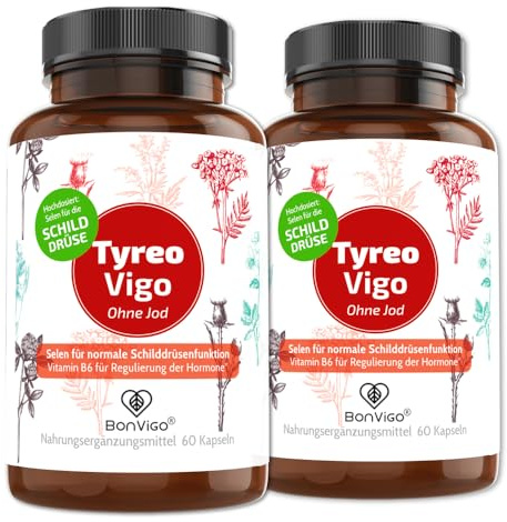 BonVigo TyreoVigo 60 Kapseln ohne Jod - Schilddrüse: Selen hochdosiert für normale Funktion SD - Hormon Balance: B6, B12 - Ashwagandha, Yams, Brokkoli, Eisen, L-Tyrosin und Multivitamin (2)
