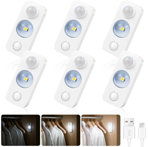 LEDLightsWorld LED Motion Sensor Lights Indoor, Rechargeable Dimmable Cupboard Lights 3 Modes, Stick on Wireless USB Night Lights for Cabinet, Closet, Hallway, Shelf, Stair, Daylight White 6 Pack