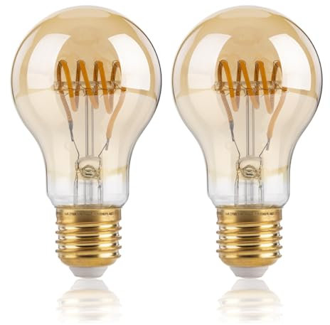 FLSNT Dimmable 4W Ampoule LED à Filament Spirale E27, A60 Rétro Antique Lampe Décorative, 2700K Blanc Chaud 300LM, Verre ambré, Lot de 2