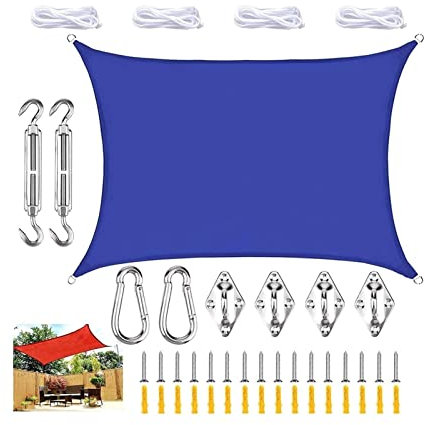 Waterproof Rectangular Shade Sail 3x4m with PE HD Fabric Shade Cloth Sun Shade Sail for Patio Outdoor Garden Includes Fixing Ropes Blue Egg Chair Cover 2x2m