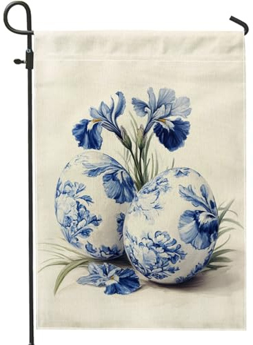Spring Summer Blue Floral Garden Flag, Elegant Iris Flowers Egg Home Decor Garden Flags, Double Sided Burlap Yard Flag Outdoor Decoration 12x18 Inch