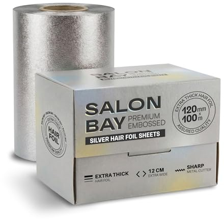 SALON BAY 12cm x 100m Embossed Hair Foils for Highlighting - Premium Hairdressing Foil with Metal Cutter, Extra Wide Highlighting Foil for Hair Colouring and Balayage - Extra Thick
