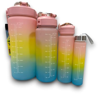 Generico Set 4 Borracce Sportive in Policarbonato 300ml, 1L, 2L, 3.3L Bottiglia Acqua con Segni di Misurazione, Senza BPA Antigoccia con Coperchio Ermetico Nero Rosa Fucsia (Rosa)