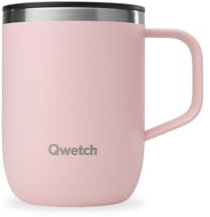 QWETCH - Taza Térmica de Acero Inoxidable Reciclado con Asa 350 ml Rosa Pastel - Taza Térmica para Café y Té - Mantiene 6h Caliente & 12h Frío - Tapa Deslizante Antiderrames & Compatible con Infusores