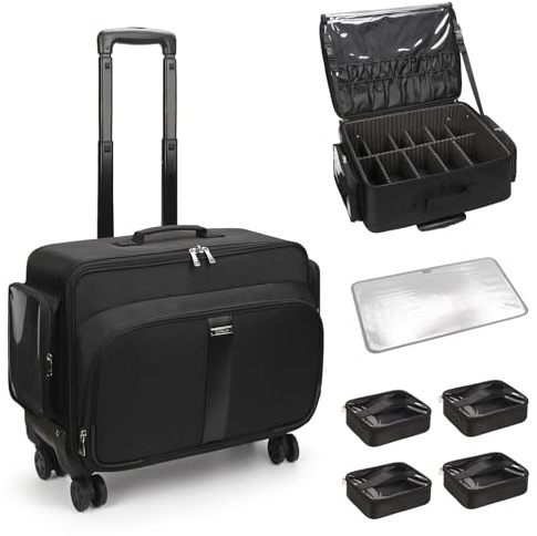 Grande mallette de maquillage à roulettes professionnelle avec 4 petites trousses de maquillage - Mallette de maquillage de voyage pour rangement de cosmétiques - Mallette portable pour coiffeur, Noir