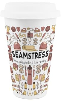 Purely Home Seamstress Ceramic Travel Mug - Sewing & Crafting Funny Novelty Job Gifts - Reusable Silicone Lid Double-Walled Insulated Drinks Flask Cup