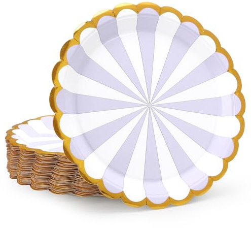 PARTY GO Platos Desechable de Circo para Fiestas, 50 platos de papel de 9 23 cm para cena y postre, Para fiestas de cumpleaños, vacaciones, bodas, decoraciones de graduación, Morado Blanco