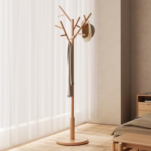 AQIMUELE Garderobenständer, Kleiderständer Massivholz, Jackenständer mit 12 Haken, für Flur, Schlafzimmer (Holzfarbe)