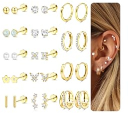 Adramata 14 Paar Ohrringe Damen Gold Silber Ohrstecker Chirurgenstahl Ohrringe Set Medizinische Ohrstecker Creolen Klein Damenohrringe Knorpel Helix Piercings Tragus Piercing Ohr Gold Silber