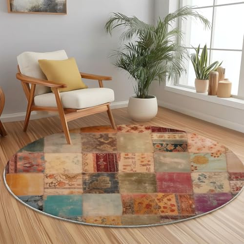 Generico Lavabile Tappeto Rotondo per soggiorno da 180 cm, Shabby Chic Patchwork Morbido Antiscivolo Tappeto per camera da letto sala da pranzo ufficio cucina, Marrone