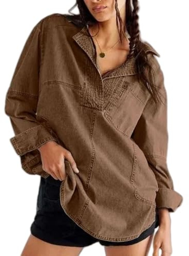 Dam denim pullover ledig knapp v-ringad blus, lös passform långärmad jeansblus med ficka, Brun, XXL