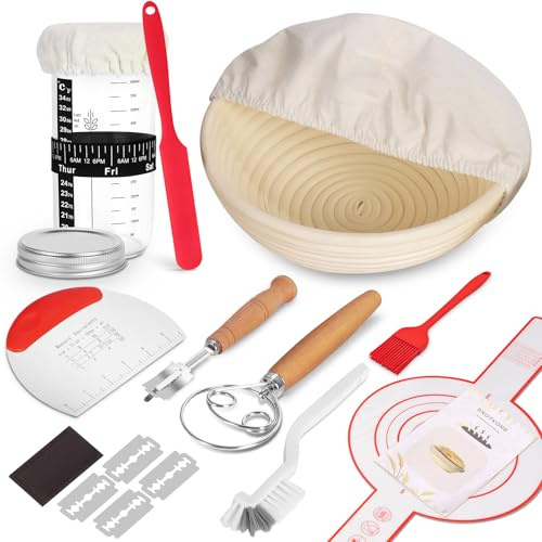 SHANNA GäRköRbchen, Sauerteig Starter Set, 9pcs Brot Backen ZubehöR, GäRkorb Rund, Sauerteig Starterglas, Brot Backen Startver Set, Inkl Teigschaber, TeigrüHrer, BäCkermesser