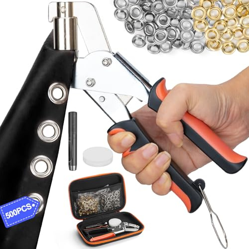 Eyelet Punch Kit, Handheld 3/8 inch Eyelet Kit Manual Grommet Press Machine with 500 pcs 50MM Grommets, Grommet Tool Kit with Carrying Case for Tarp, Fabric, Leather & Home Decoration