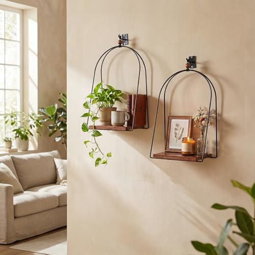 Wall Candle Sconces Set of 2 Black Metal Hanger with Wood Base Farmhouse Rustic Wall-Mount Candle Holders Modern Wall Decorations for Living Room Bathroom Garden Patio Office (Arch)