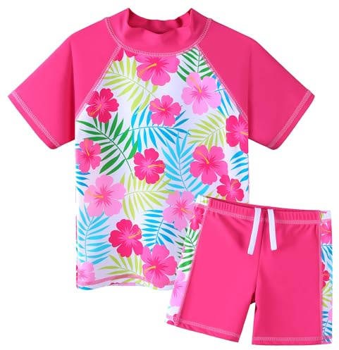 BAOHULU Girls Swimsuit Two Piece Tankini UPF 50+ UV Protective Rash Guard Set 3-12 Years S527_HotPinkFlower_8A
