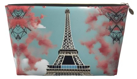 Gold Leather Travel Toiletry Bag – Reusable Eiffel Tower Print Cosmetic Makeup Organizer Pouch – Portable Soft Storage Bag