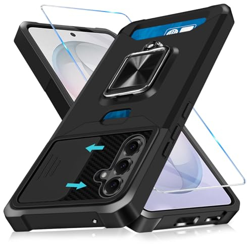 Layeri for Samsung Galaxy S26 Case, Rugged Armour Cover with Card Holder, Slide Camera Cover, Ring Kickstand, 1 Tempered Glass Screen Protector, Shockproof Protective Phone Case, Black
