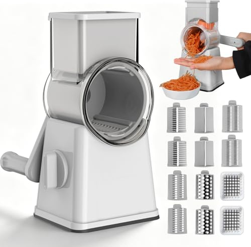 Coupe Légumes Râpe à Fromage Manuelle avec Manivelle 6 Lames de Tambour Mandoline Multifonction Râpeuse Légumes pour Fromage Carotte Concombre Noix Blanc