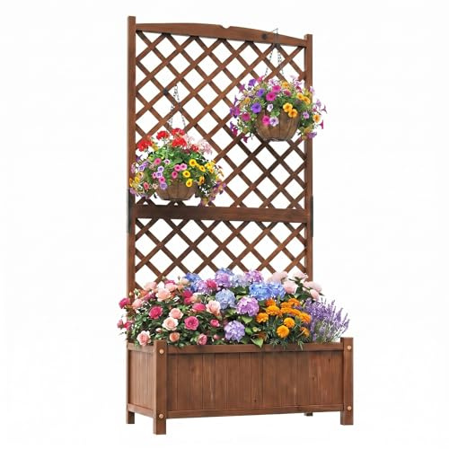 COSTWAY Blumenkasten mit Rankgitter, Pflanzkasten Tannenholz, Pflanzkübel mit Sichtschutz, Hochbeet mit Spalier, Drainagelöchern, Rankhilfe für Kletterpflanzen Garten Terrasse, 90x45x180,5cm (Braun)