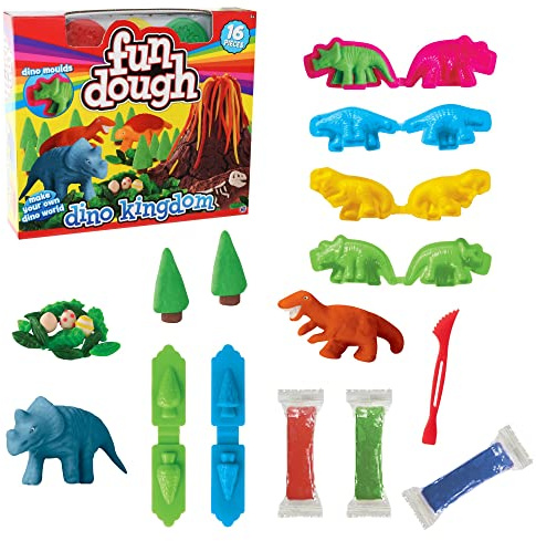 HTI Fun Dough Dinosaur 16 Pieces Play Dough Set | Make Your Dino World Fun Dough Dino Playset Including Rolling Pin Dinosaur Moulds & Accessories Playdough Tools and Cutters Non Toxic Colours