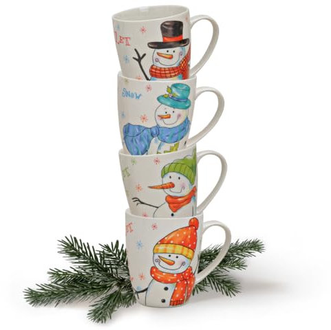 Lot de 4 tasses à café de Noël en porcelaine blanche, motif bonhomme de neige, 11 cm, classiques pour Noël, passent au lave-vaisselle et au micro-ondes