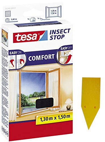 tesa Insect Stop Comfort Fliegengitter für Fenster/Insektenschutz mit Selbstklebendem Klettband/Anthrazit + 1 Gelbsticker gratis (1x 130 cm x 150 cm)