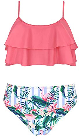 SHEKINI Mädchen Zweiteiliger Badeanzug Rüschen Verstellbare Gedruckt Tankini Oberteil mit Bikinihose Bikini Teenager für 6-14 Jahre
