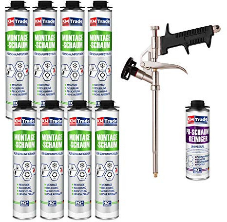 KM Trade Bauschaum-Set - Inkl. 8x 1K Montageschaum (je 750 ml), 1x Schaum-Pistole & 1x PU-Schaum-Reiniger (500 ml)