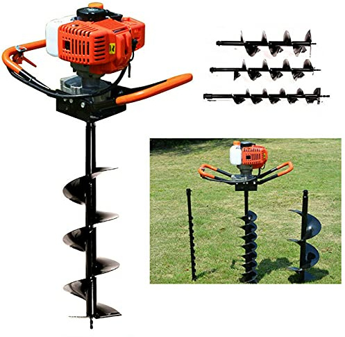 Petrol Earth Auger with 3 Drill Bits(4 6 8) - 52cc Hole Digger Post Auger,2 Stroke Ground Hole Borrer Digger Fence Post Hole Borer for Earth Burrowing/Drilling & Post Hole Digging