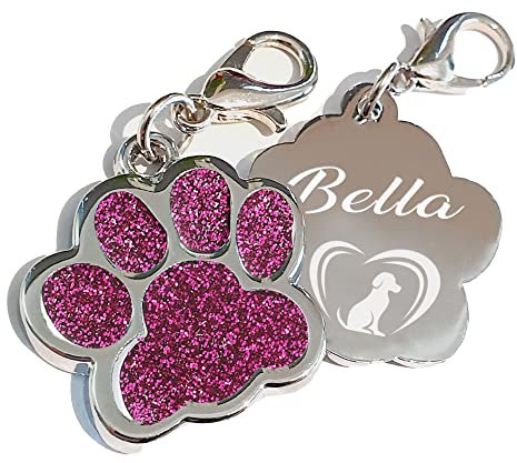 Edelstahl Hundemarke mit Gravur Glitzerpfote Plakette graviert Name Telefonnummer Adressanhänger personalisiert dog tag für Hunde oder Katzen (pink), 27x29x2,20 mm (ca. 2 Euro Münze), PIU-HM-Pfote-01