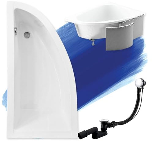 BADLAND Badewanne Original Weiß Acryl Wanne Eckbadewanne PRAKTIKA 150x70 Links KOMPLETTSET SET mit Premium Styroporverkleidung + Füßen und Exklusive Chrom Automatik Ablaufgarnitur Made in EU 4in1