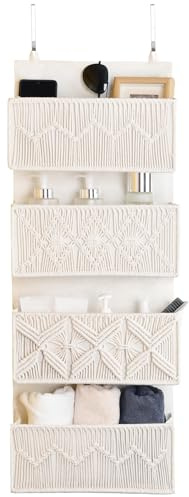 janebeauties Over the Door Organizer Macrame Boho Nursery Storage with 4 Large Woven Pockets, Hanging Basket for Bathroom, Nursery & Closet Doors, Behind the Door Storage Organizer, Cream White