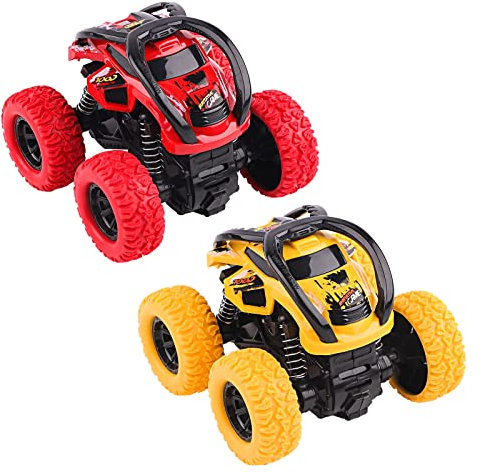 Toys Cars for 2+ Year Old Boys, 2 Pack Pull Back Cars Monster Trucks, 360 Degree Rotation Push and Go Vehicle, Inertia Car Racing Game Toys Gift for 3 4 5 6 Toddler, Red and Yellow