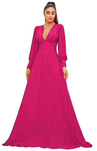 Vestido formal de gasa de manga larga con cuello en V profundo para fiesta de graduación, fucsia, 36