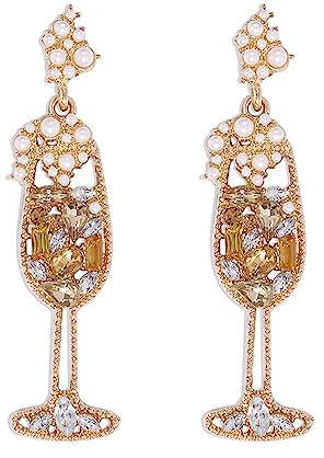 Boucles d'oreilles pendantes en verre à champagne faites à la main avec strass et perles en verre à vin pour femme, Zinc